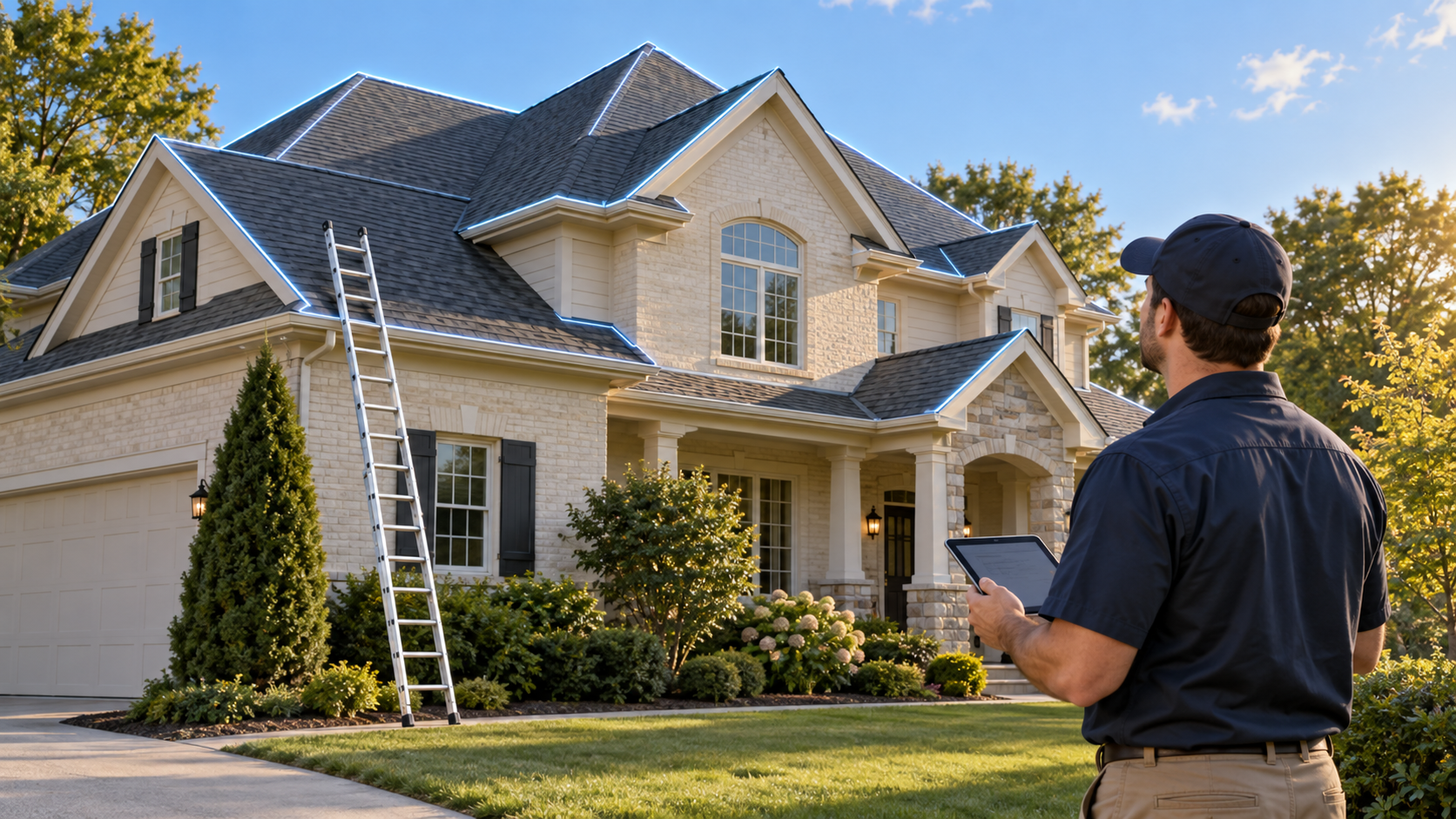 Field inspector documenting a residential roof with a tablet